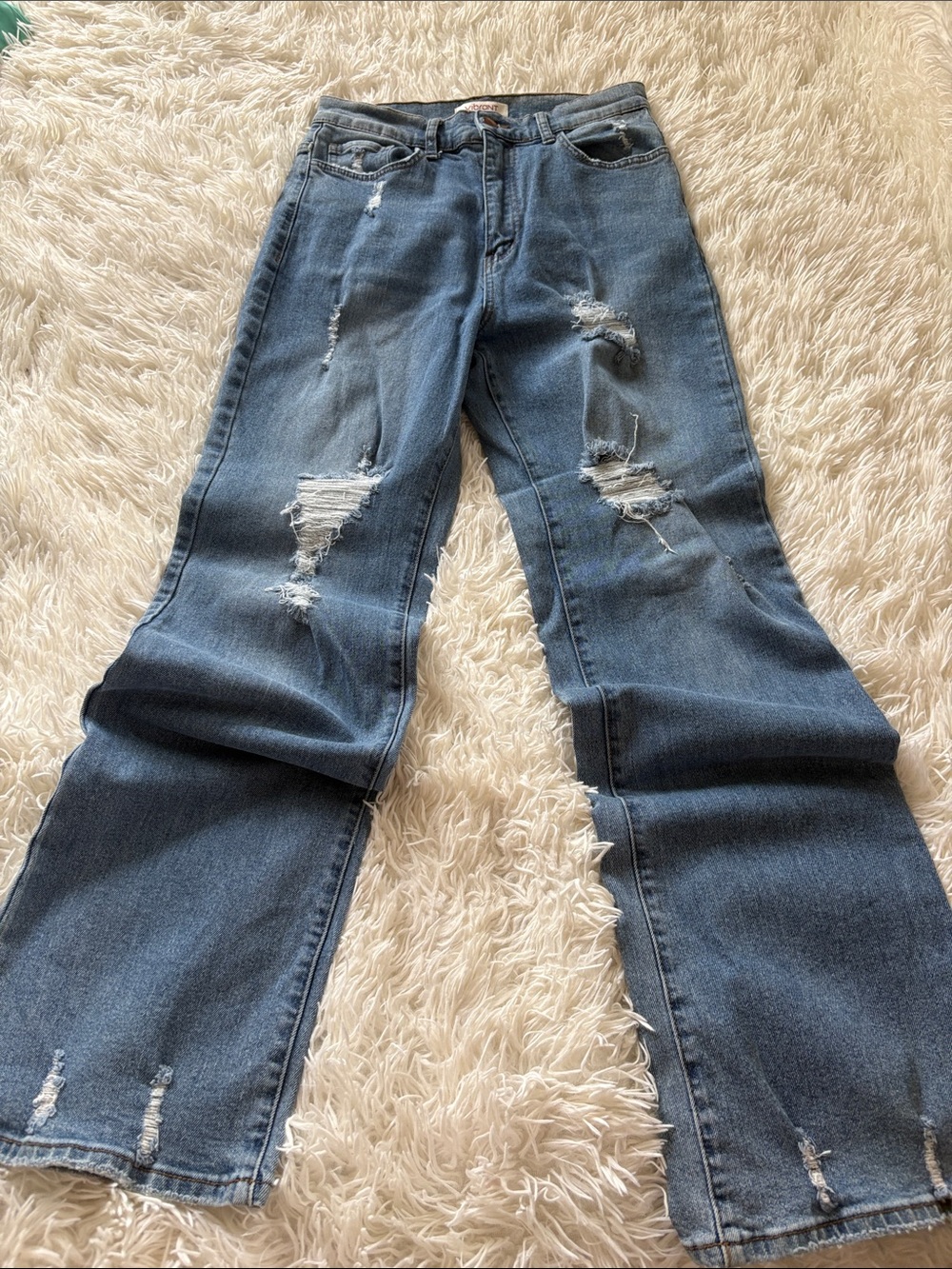 Vibrant Distressed Dark Blue Straight Leg Jeans